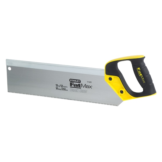 Photo of STANLEY 2-17-201 back saw with yellow and black ergonomic handle, silver 350mm blade, side view on white.
