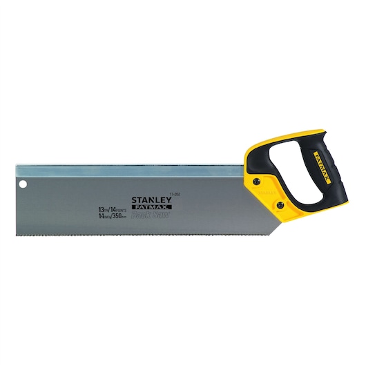Stanley Fatmax back saw with yellow and black handle and steel blade, suitable for precise woodworking cuts.