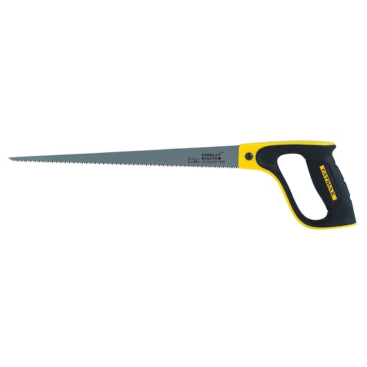 Stanley hand saw with a tapered blade and ergonomic black and yellow handle, suitable for woodworking tasks.