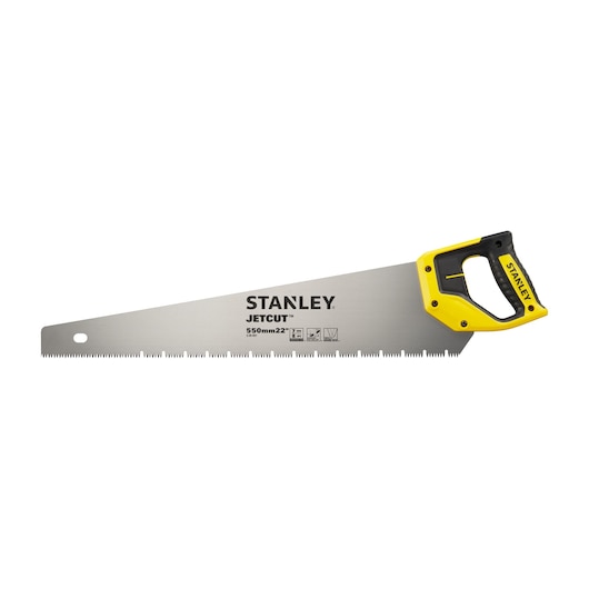 Stanley JetCut hand saw with yellow and black handle, 550mm 22 inch blade, used for cutting wood.