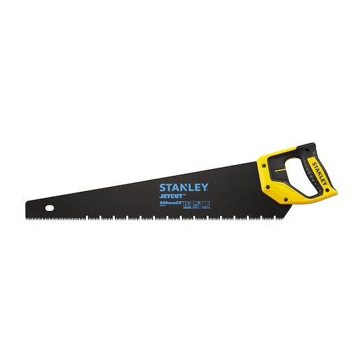 STANLEY 2-20-149 hand saw with black blade, yellow and black ergonomic handle, side view, on white background.