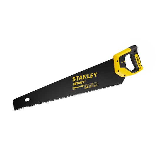 Stanley Jetcut hand saw with yellow and black handle and 500mm blade for cutting wood.