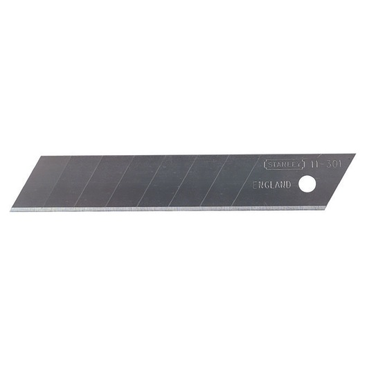 STANLEY 3-11-301 snap-off utility blade, silver, flat side view, segmented for breaking, white background.