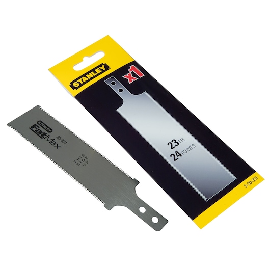 Photo of STANLEY 3-20-331 saw blade for wood cutting with packaging, silver finish, FatMax series.