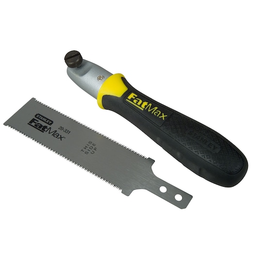 Stanley FatMax saw with replaceable blade, black handle and yellow accents, shown disassembled.
