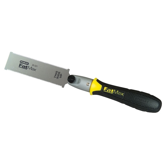 STANLEY 3-20-331 hand saw, FatMax series, black and yellow handle, silver blade, product photo on white background.