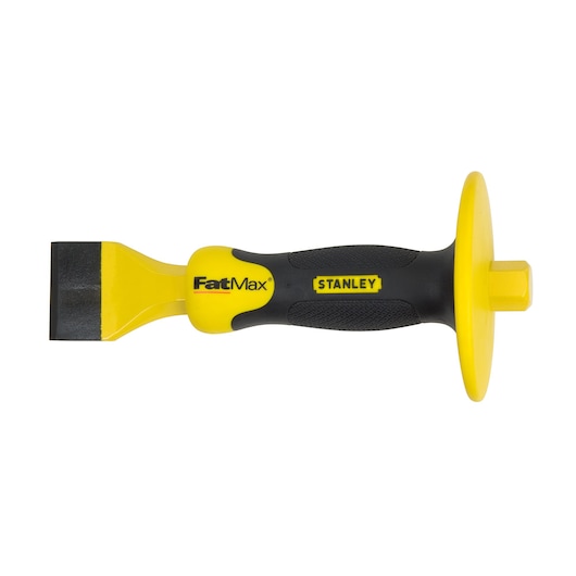 Stanley FatMax chisel with yellow and black handle and protective hand guard.