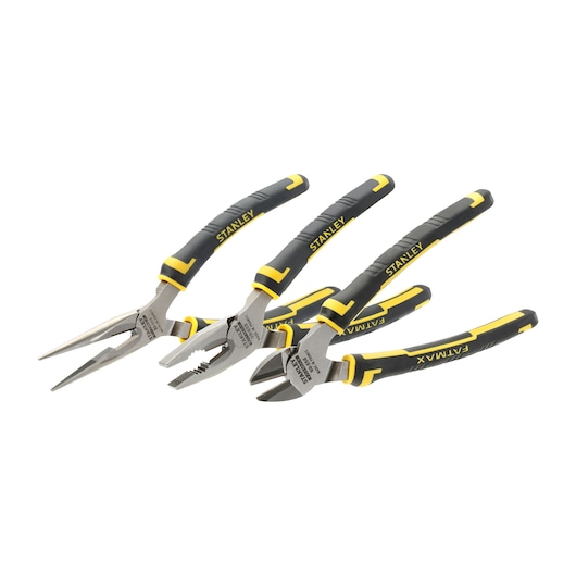 Stanley pliers set with three types, featuring black and yellow ergonomic handles, arranged on a white background.