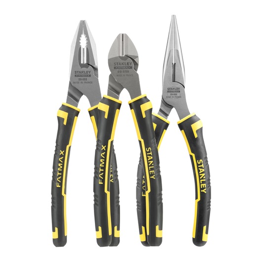 Set of three STANLEY FatMax pliers with black and yellow handles, suitable for gripping, cutting, and bending.