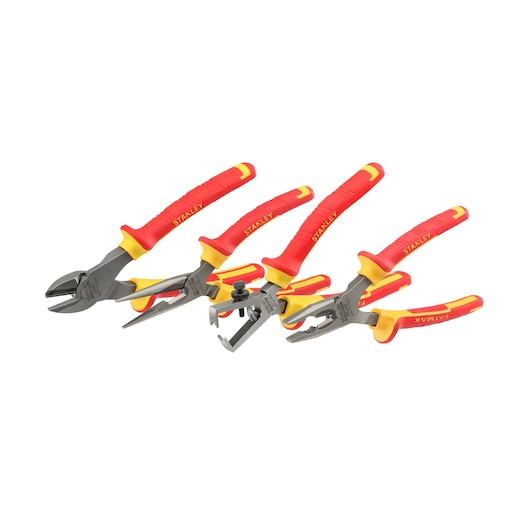 Stanley pliers set with red and yellow handles, featuring four different types for electrical work.