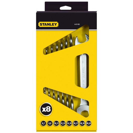STANLEY 4-87-052 spanner set box, yellow and black packaging, front angle, contains eight wrenches.