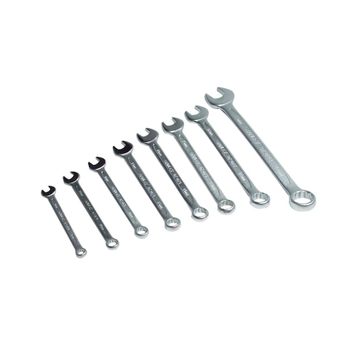 STANLEY 4-87-054 combination wrench set, eight silver wrenches, top angle, white background.