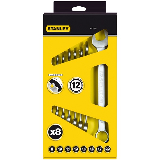 STANLEY 4-87-054 photography of 8-piece metric combination wrench set in yellow packaging, front angle.