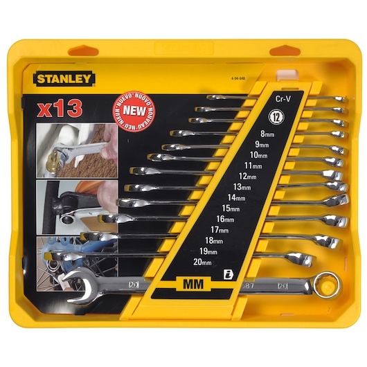Stanley 4-94-648 photography of 13-piece metric combination spanner set in yellow tray, front angle.