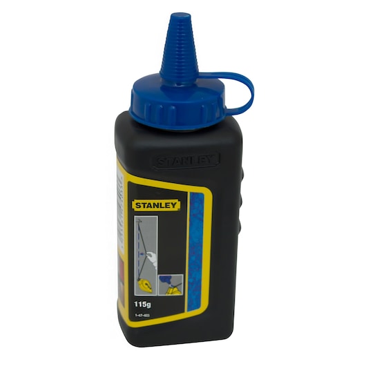 Stanley 115g chalk powder bottle with blue cap and yellow label for marking lines in construction.