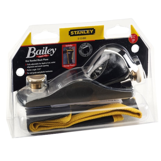 STANLEY 5-12-060 Bailey one handed block plane in retail packaging, with yellow storage pouch, front angle.
