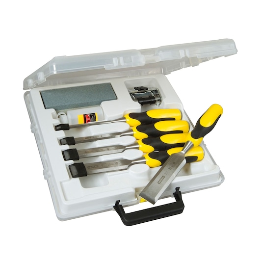 STANLEY 5-16-421 photography of chisel set with yellow and black handles in a white plastic case, top view.