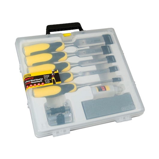 STANLEY 5-16-421 chisel set kit in transparent plastic box, featuring yellow and black handles, photographed from above.