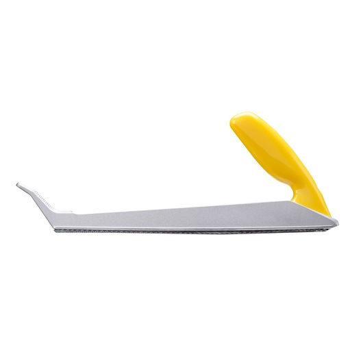 Stanley surform tool with a yellow handle and a flat metal blade for shaping and smoothing materials.