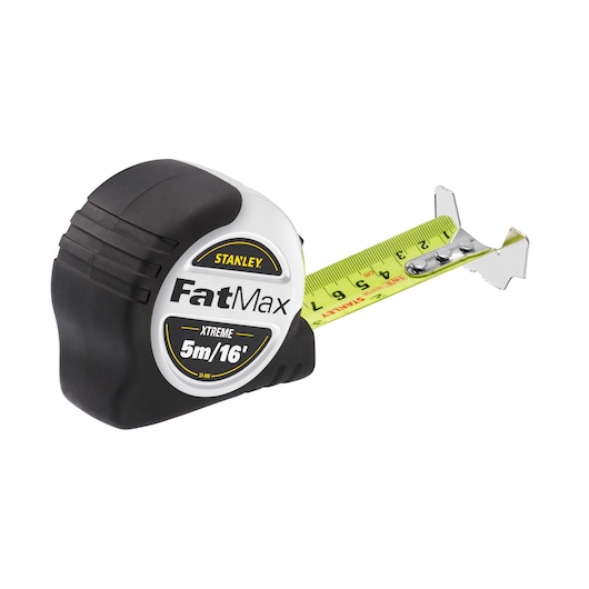 STANLEY 5-33-886 FatMax XTREME 5m/16' tape measure, black and silver housing, front angle photo.