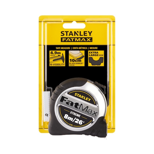 STANLEY 5-33-891 tape measure, FatMax Xtreme 8m/26ft, silver and black, front angle in packaging.