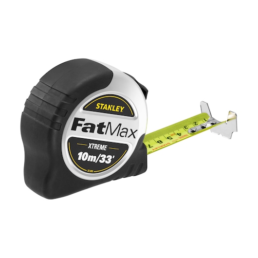 STANLEY 5-33-896 tape measure FatMax XTREME, 10m/33ft, black and yellow, side angle on white background.