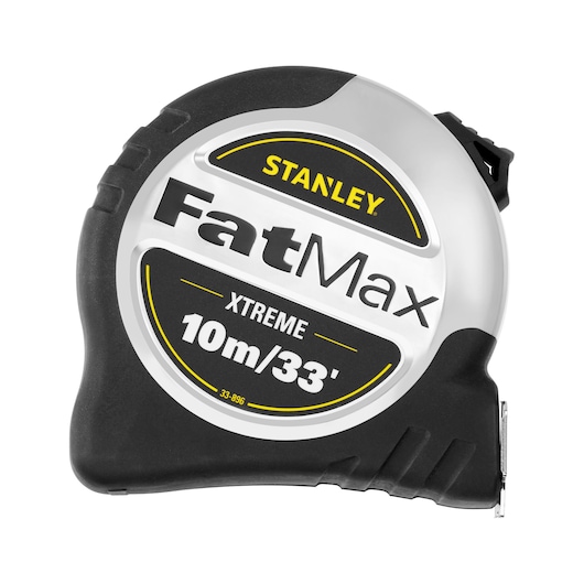Photo of STANLEY FatMax XTREME 10m/33' tape measure, SKU 5-33-896, front angle on white background.