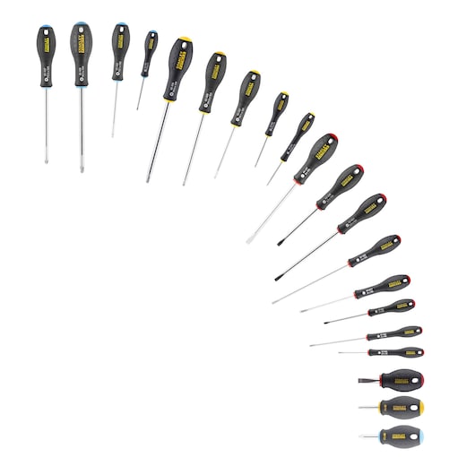 Stanley set of assorted screwdrivers arranged in a semi-circle on a white background.