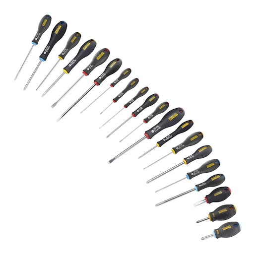 Stanley screwdriver set with assorted sizes and types, black handles with colored tips, arranged diagonally.