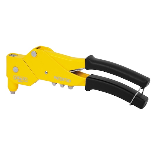 Yellow STANLEY MR77 rivet tool with black handles, designed for fastening materials together.