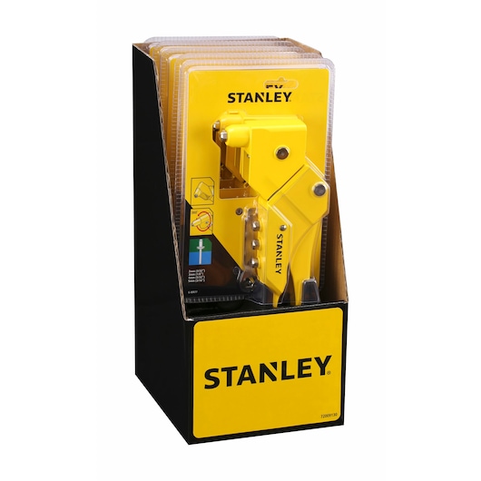 Photo of STANLEY 6-MR77 yellow hand riveter in retail display packaging, product category photography, front angle.