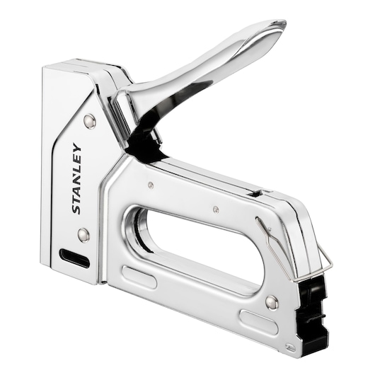 Photo of a STANLEY 6-TR110 manual staple gun, chrome finish, angled left on white background.