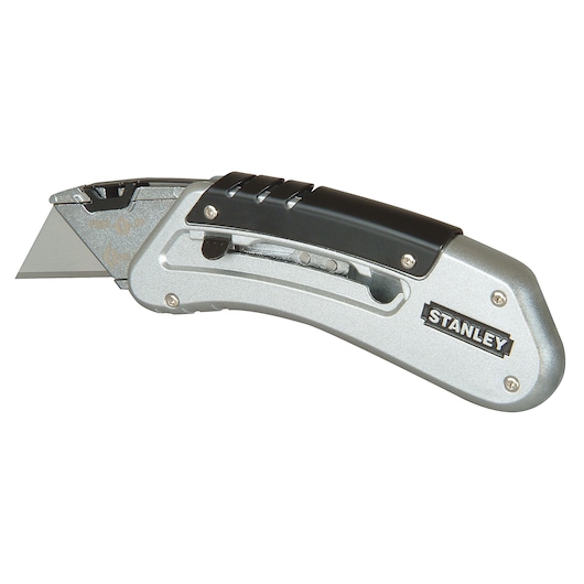 STANLEY 9-10-810 utility knife, silver and black handle, left side view on white background.