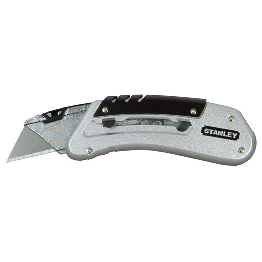 Stanley folding utility knife with silver and black handle, showing exposed blade on a white background.