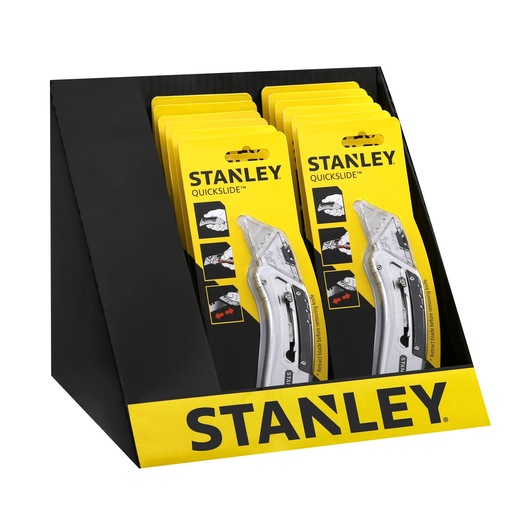 Stanley Quickslide utility knives displayed in yellow retail packaging on a black and yellow branded stand.