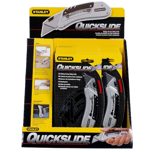 STANLEY 9-10-810 Quickslide sliding pocket utility knives retail display, front angle on white background.
