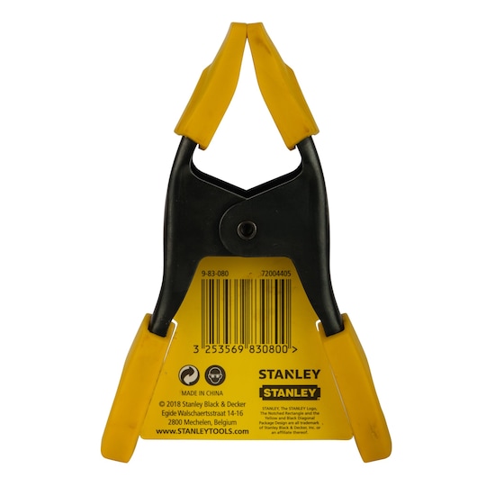STANLEY 9-83-080 spring clamp with yellow jaws, photography from rear on white background.