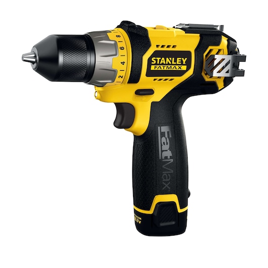 STANLEY FMC010LA cordless drill, yellow and black, side view, compact design, FatMax branding.