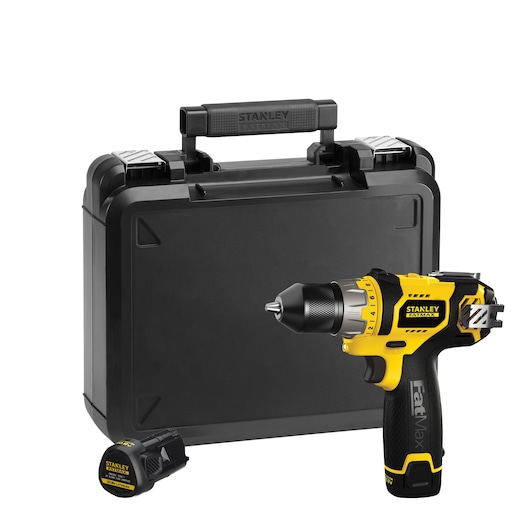 STANLEY FMC010LB cordless drill with yellow and black body, black carrying case, and battery pack, front angle.