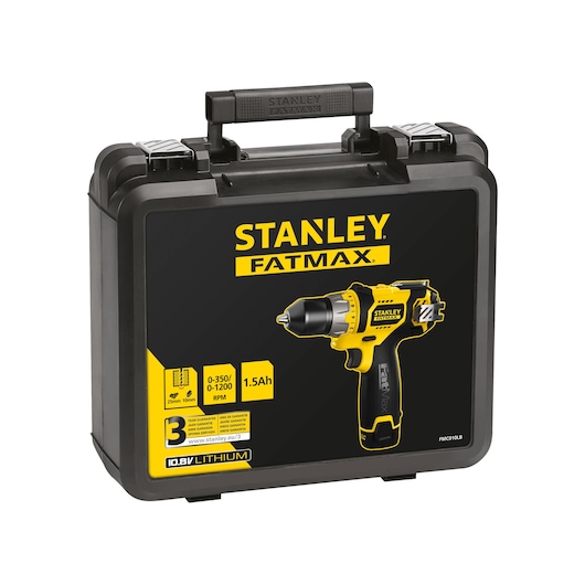 STANLEY FMC010LB photography of black and yellow cordless drill kit case, angled view on white background.