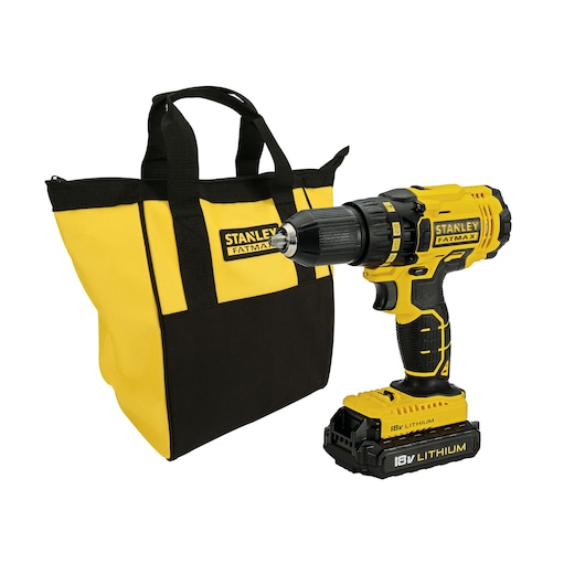 Stanley Fatmax cordless drill with 18V lithium battery and a yellow-black carrying bag.