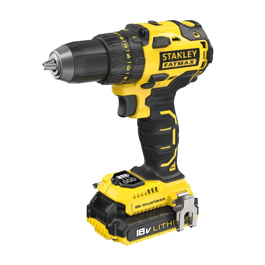 STANLEY FMC607D2 cordless drill driver, yellow and black, 18V, brushless, front-right angle on white background.
