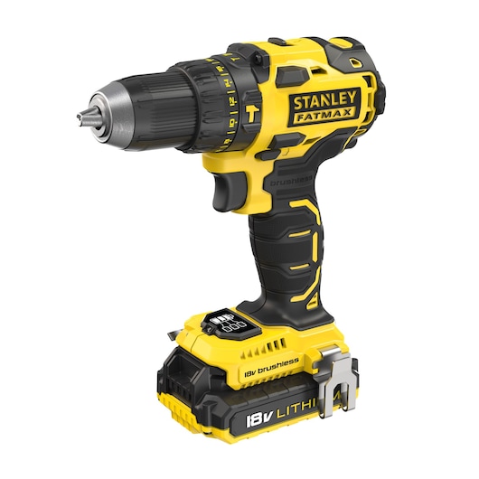 Stanley Fatmax 18V cordless drill with black and yellow design and brushless motor.