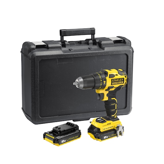 Stanley FMC627D2 cordless drill with 18V lithium batteries and case, front angle photo.