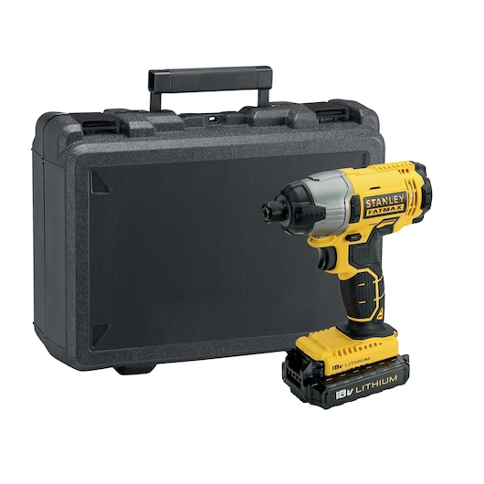 Stanley Fatmax cordless impact driver with 18V lithium battery and black carrying case.