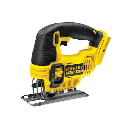 Photo of STANLEY FMC650B cordless jigsaw, yellow and black, side angle, with visible handle and blade.