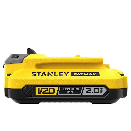 Photo of STANLEY FMC687L V20 Fatmax 2.0Ah lithium ion battery, yellow and black, side angle.