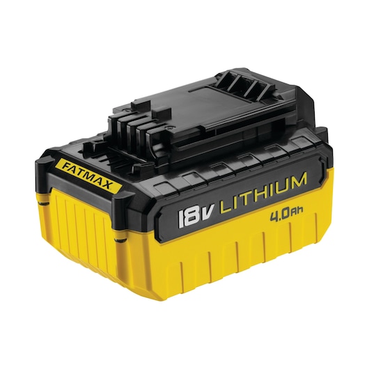 STANLEY FMC688L Fatmax 18V lithium 4.0Ah battery, yellow and black, angled view on white background.