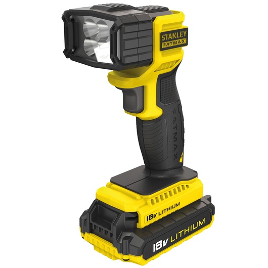 Photo of STANLEY FMC705B handheld cordless LED work light with 18V lithium battery, angled view.