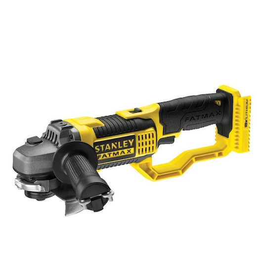 Photo of STANLEY FMC761B cordless angle grinder, yellow and black, side view, power tool category.